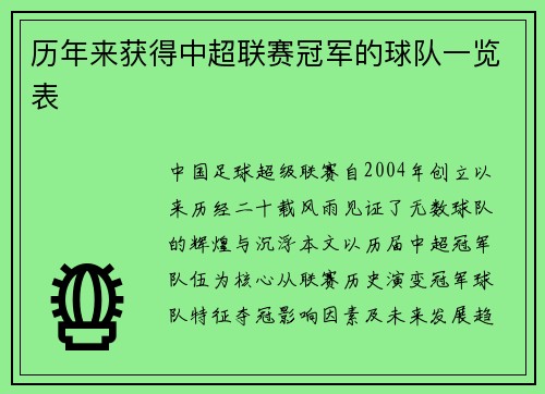 历年来获得中超联赛冠军的球队一览表
